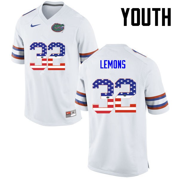 Florida Gators Youth #32 Adarius Lemons College Football USA Flag Fashion White